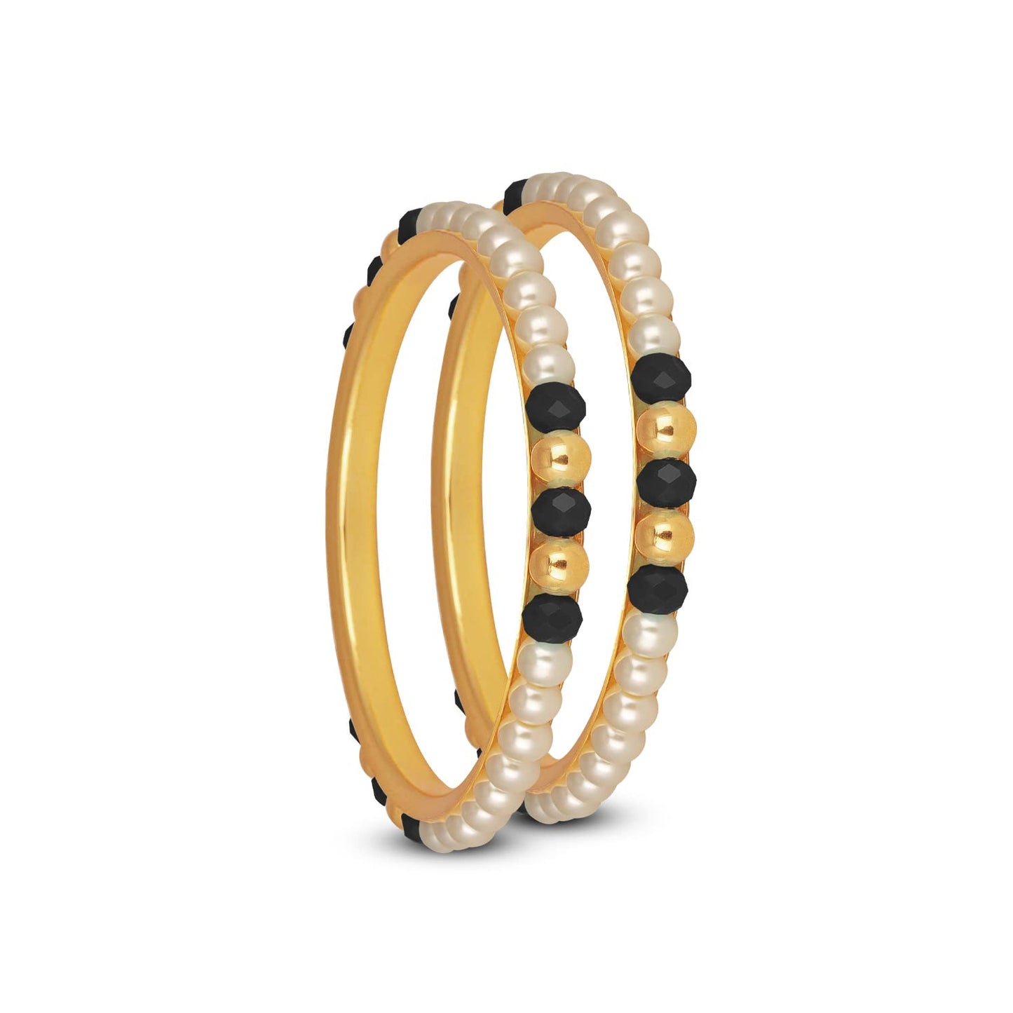 One Gram Gold Plated Pearl Bangles With Crystal & Gold Beads Bangle Set (Black)