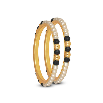 One Gram Gold Plated Pearl Bangles With Crystal & Gold Beads Bangle Set (Black)
