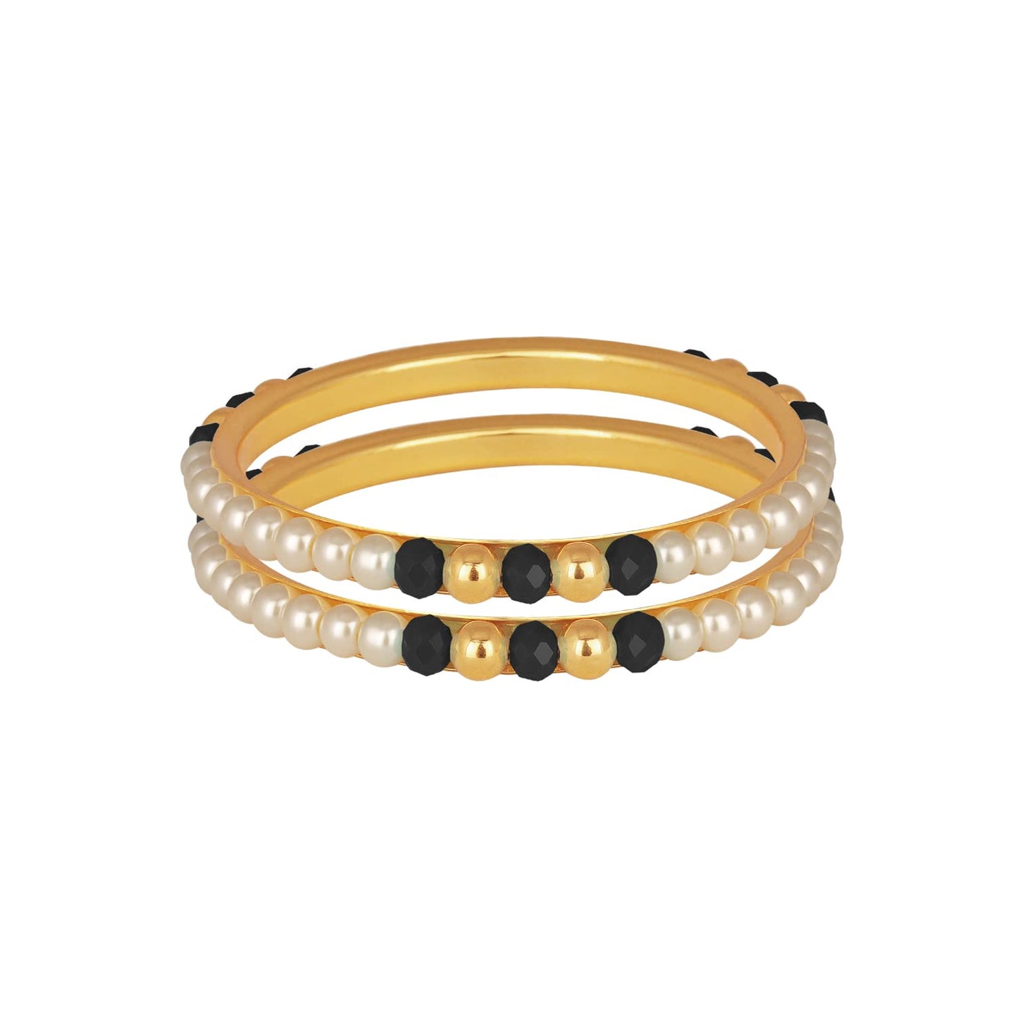 One Gram Gold Plated Pearl Bangles With Crystal & Gold Beads Bangle Set (Black)