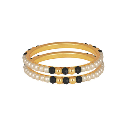 One Gram Gold Plated Pearl Bangles With Crystal & Gold Beads Bangle Set (Black)