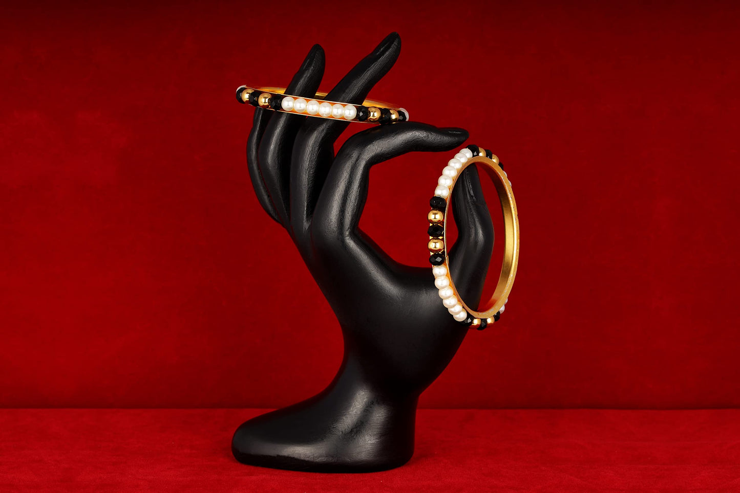 One Gram Gold Plated Pearl Bangles With Crystal & Gold Beads Bangle Set (Black)