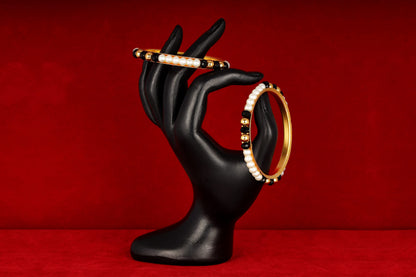One Gram Gold Plated Pearl Bangles With Crystal & Gold Beads Bangle Set (Black)