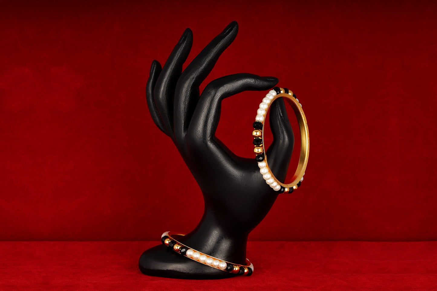 One Gram Gold Plated Pearl Bangles With Crystal & Gold Beads Bangle Set (Black)