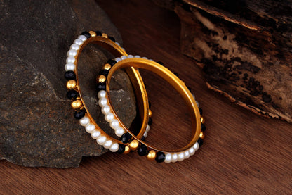 One Gram Gold Plated Pearl Bangles With Crystal & Gold Beads Bangle Set (Black)