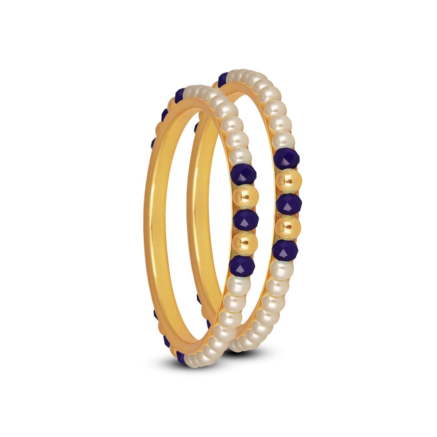 One Gram Gold Plated Pearl Bangles With Crystal & Gold Beads Bangle Set (Navy Blue)