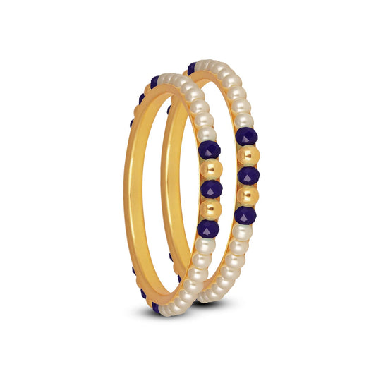 One Gram Gold Plated Pearl Bangles With Crystal & Gold Beads Bangle Set (Navy Blue)