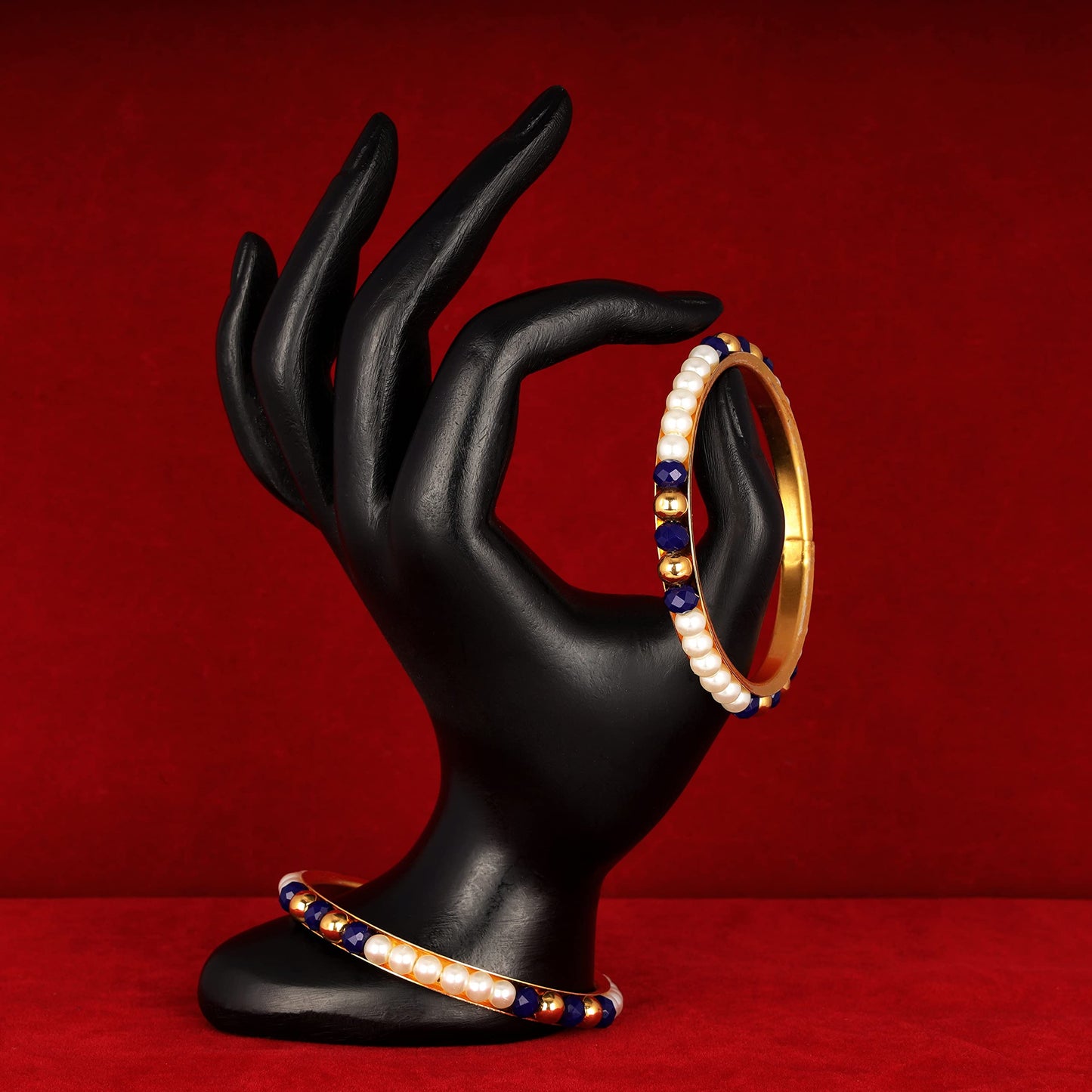One Gram Gold Plated Pearl Bangles With Crystal & Gold Beads Bangle Set (Navy Blue)