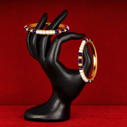 One Gram Gold Plated Pearl Bangles With Crystal & Gold Beads Bangle Set (Navy Blue)