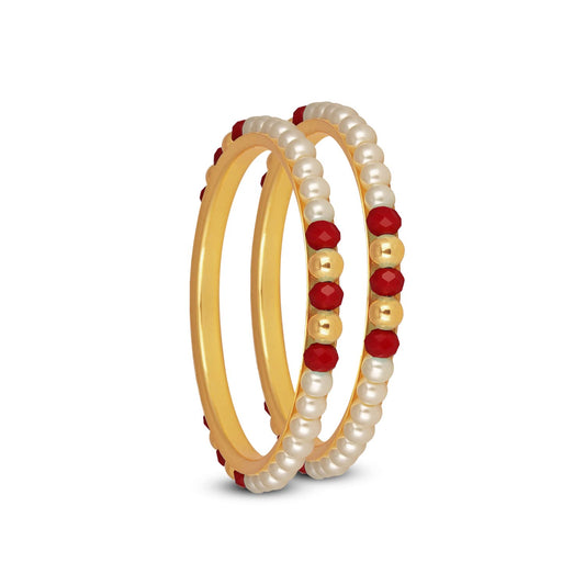 One Gram Gold Plated Pearl Bangles With Crystal & Gold Beads Bangle Set (Red)