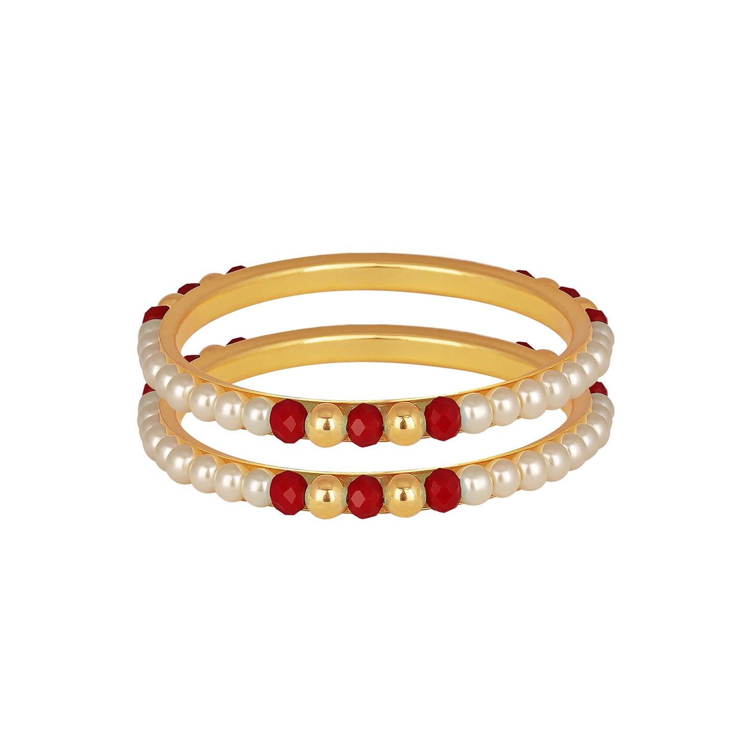 One Gram Gold Plated Pearl Bangles With Crystal & Gold Beads Bangle Set (Red)