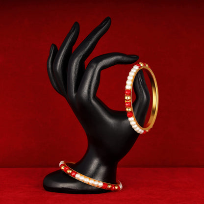One Gram Gold Plated Pearl Bangles With Crystal & Gold Beads Bangle Set (Red)