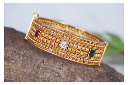 One Gram Gold Plated Lcd, Green And Red Stone Studded Openable Kada .(Multicolor-2.2)