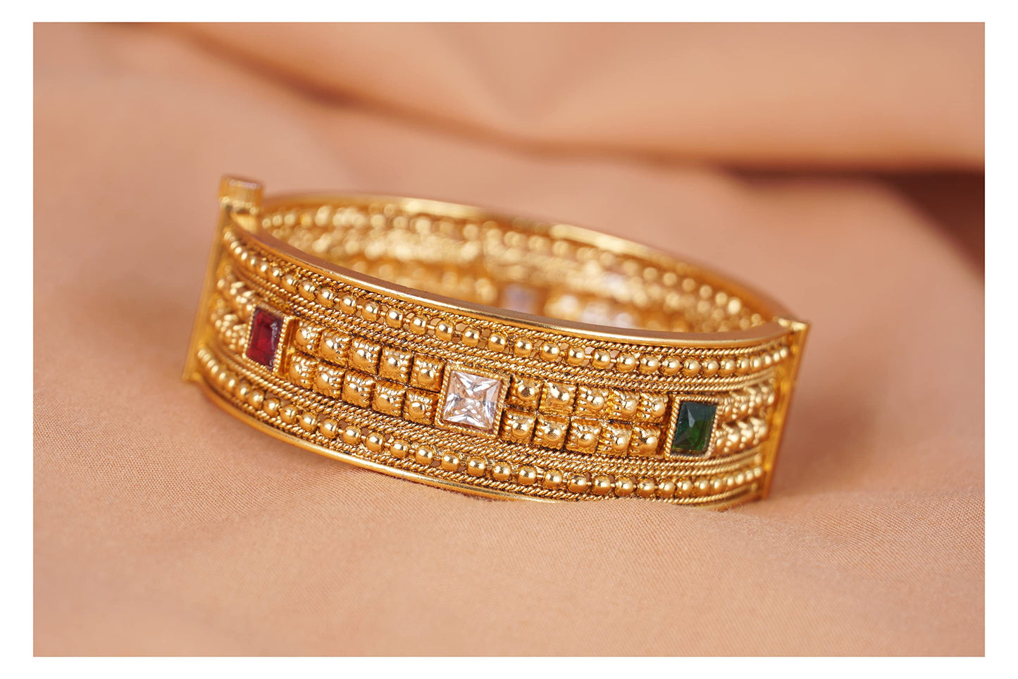 One Gram Gold Plated Lcd, Green And Red Stone Studded Openable Kada .(Multicolor-2.2)