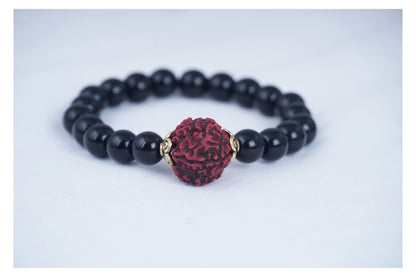 Black Onyx Stone With Panch Mukhi Rudraksha Stretchable Bracelet For Men And Boys.