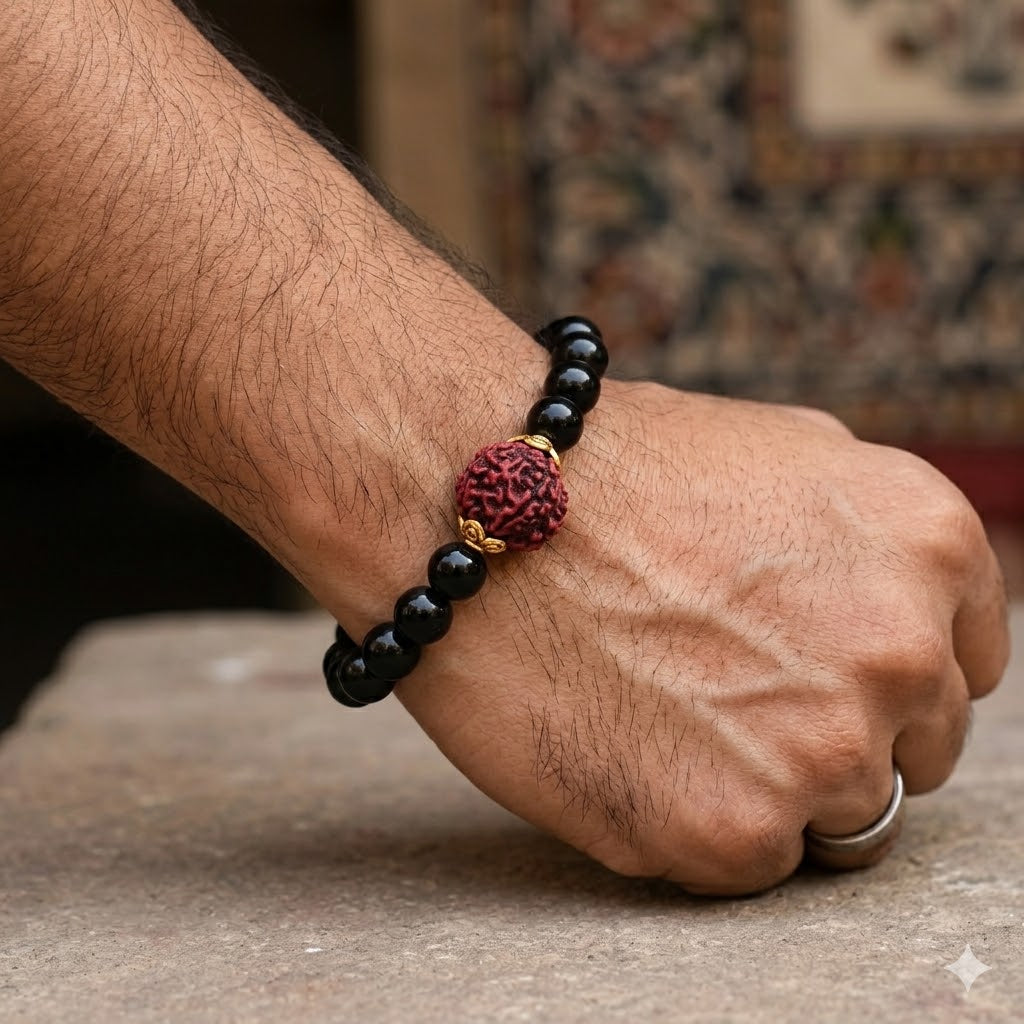 Black Onyx Stone With Panch Mukhi Rudraksha Stretchable Bracelet For Men And Boys.