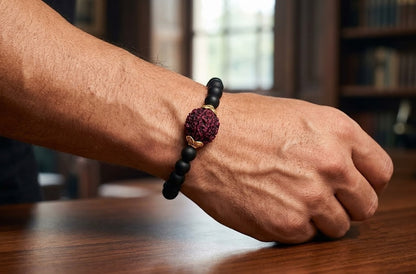 'S Special Matte Finish Black Onyx Stone With Panch Mukhi Rudraksha Stretchable Bracelet - For Girlfriend/Wife.