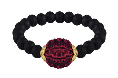 'S Special Matte Finish Black Onyx Stone With Panch Mukhi Rudraksha Stretchable Bracelet - For Girlfriend/Wife.