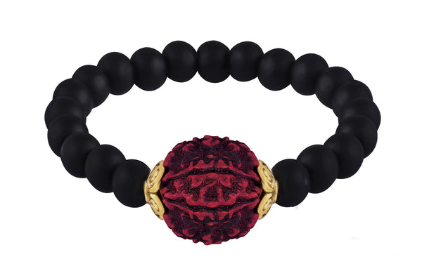 'S Special Matte Finish Black Onyx Stone With Panch Mukhi Rudraksha Stretchable Bracelet - For Girlfriend/Wife.