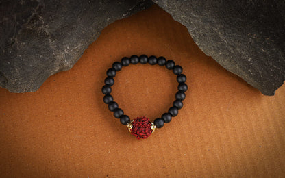 'S Special Matte Finish Black Onyx Stone With Panch Mukhi Rudraksha Stretchable Bracelet - For Girlfriend/Wife.