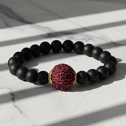 Matte Finish Black Onyx Stone With Panch Mukhi Rudraksha Stretchable Bracelet For Men And Boys- Love For Boyfriend/Husband.