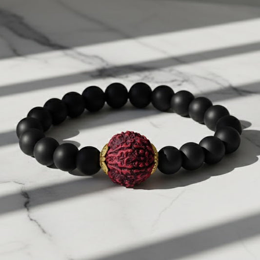 Matte Finish Black Onyx Stone With Panch Mukhi Rudraksha Stretchable Bracelet For Men And Boys- Love For Boyfriend/Husband.