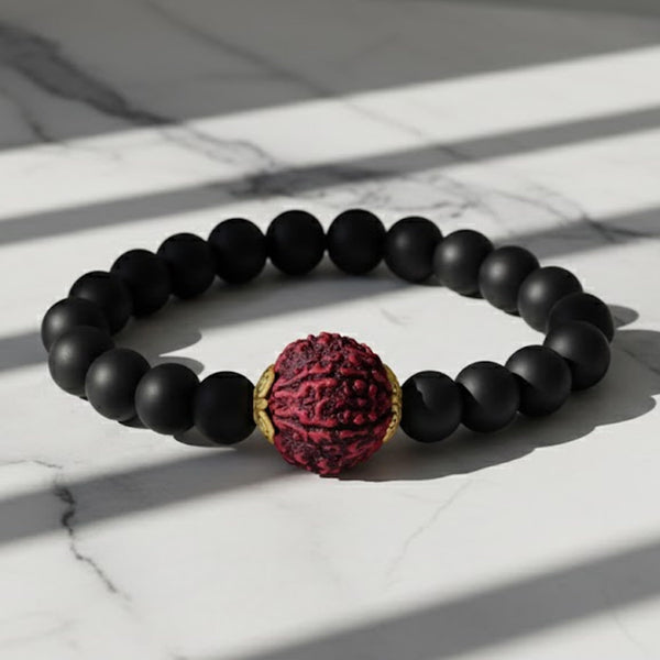 Matte Finish Black Onyx Stone With Panch Mukhi Rudraksha Stretchable Bracelet For Men And Boys- Love For Boyfriend/Husband.