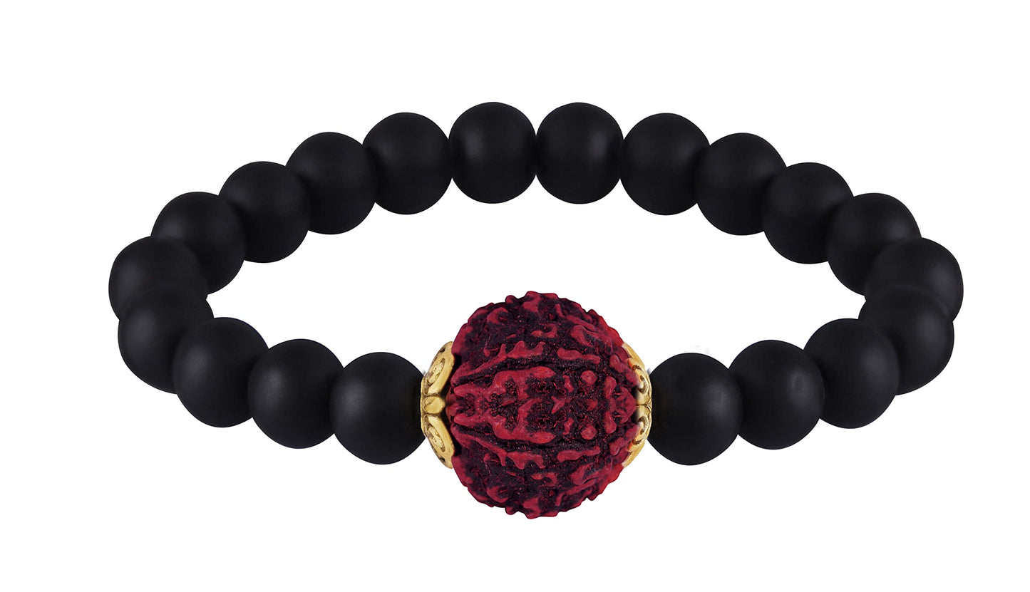 Matte Finish Black Onyx Stone With Panch Mukhi Rudraksha Stretchable Bracelet For Men And Boys- Love For Boyfriend/Husband.