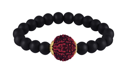 Matte Finish Black Onyx Stone With Panch Mukhi Rudraksha Stretchable Bracelet For Men And Boys- Love For Boyfriend/Husband.