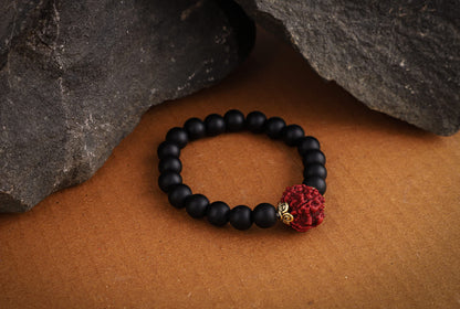 Matte Finish Black Onyx Stone With Panch Mukhi Rudraksha Stretchable Bracelet For Men And Boys- Love For Boyfriend/Husband.