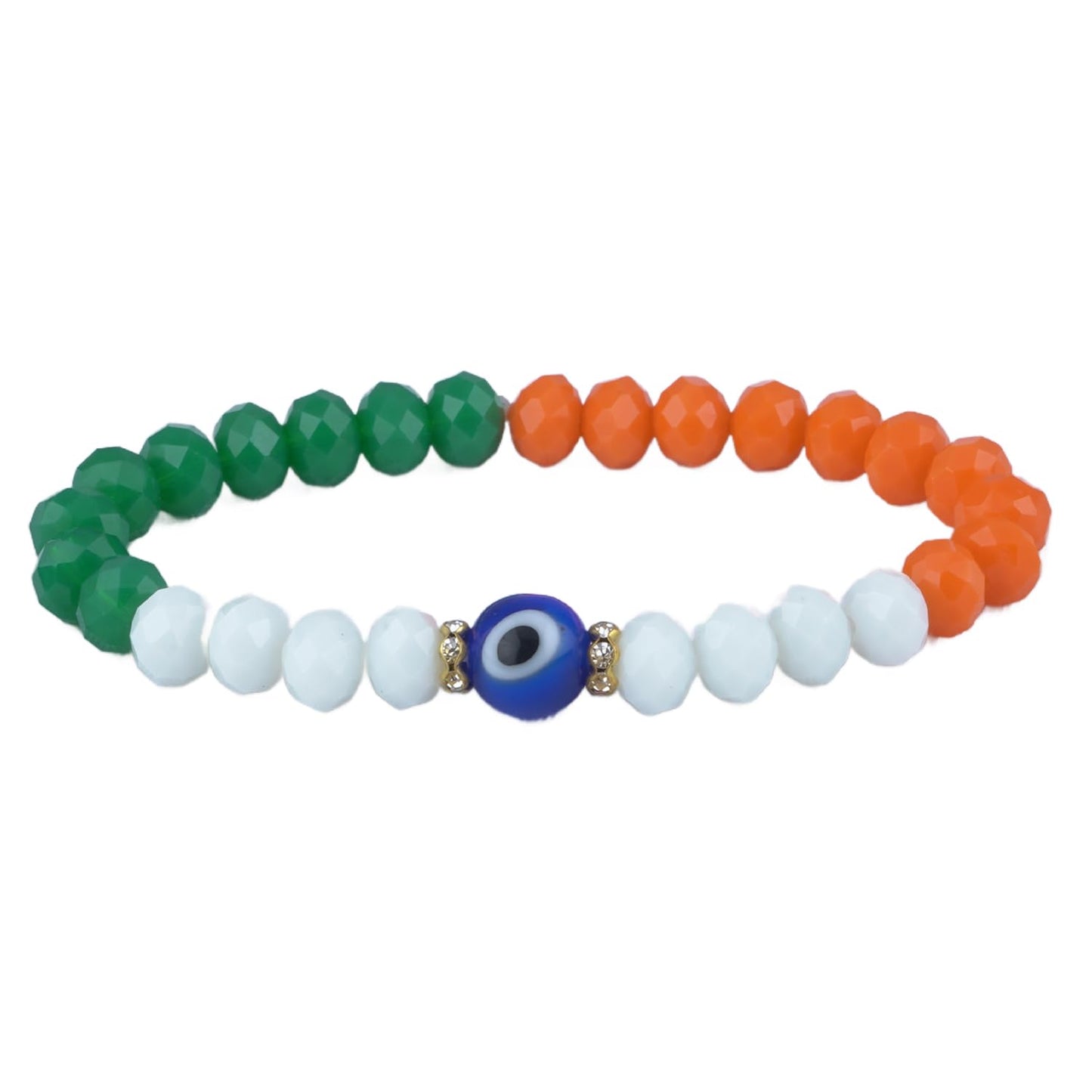 Tiranga/Tricolour/National Flag Stretchable Handmade Bracelets With Evil Eye Independence Day/Republic Day In Orange, White & Green