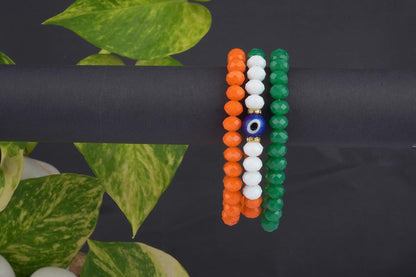 Tiranga/Tricolour/National Flag Stretchable Handmade Bracelets With Evil Eye Independence Day/Republic Day In Orange, White & Green