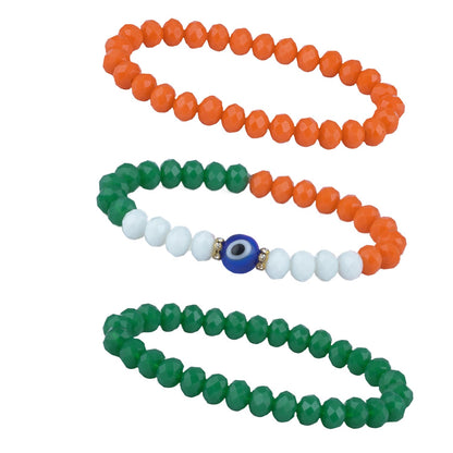 Tiranga/Tricolour/National Flag Stretchable Handmade Bracelets With Evil Eye Independence Day/Republic Day In Orange, White & Green