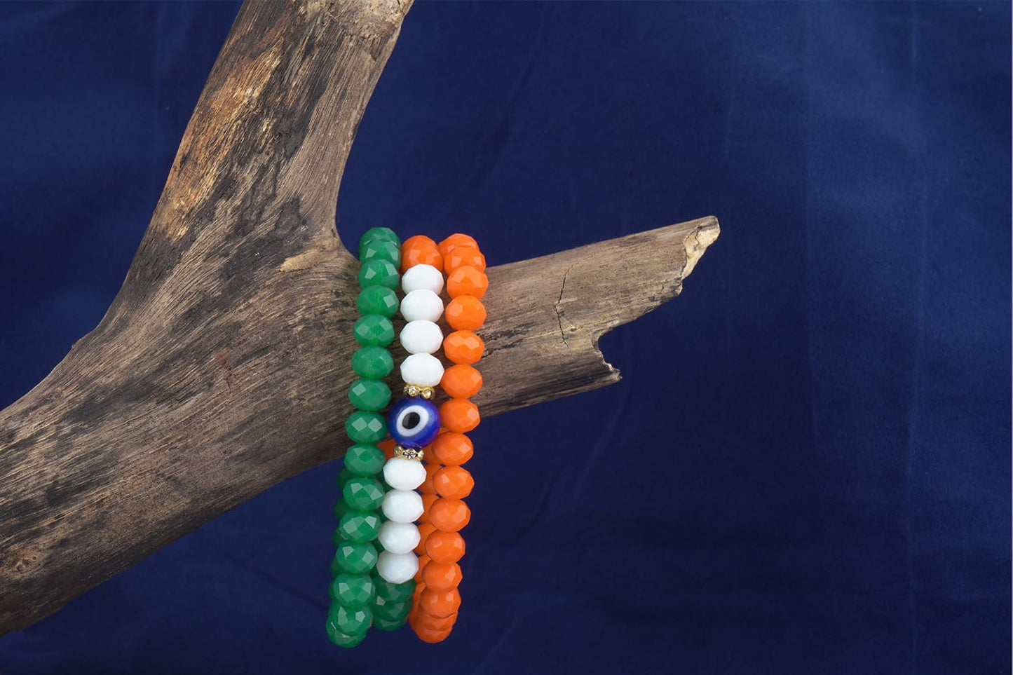Tiranga/Tricolour/National Flag Stretchable Handmade Bracelets With Evil Eye Independence Day/Republic Day In Orange, White & Green