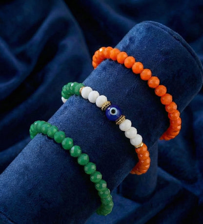 Tiranga/Tricolour/National Flag Stretchable Handmade Bracelets With Evil Eye Independence Day/Republic Day In Orange, White & Green