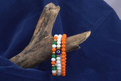Tiranga/Tricolour/National Flag Stretchable Bracelets With Evil Eye Independence Day/Republic Day In Orange, White & Green