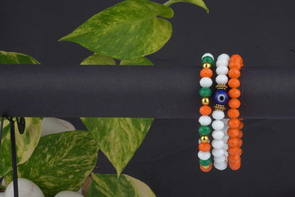 Tiranga/Tricolour/National Flag Stretchable Bracelets With Evil Eye Independence Day/Republic Day In Orange, White & Green