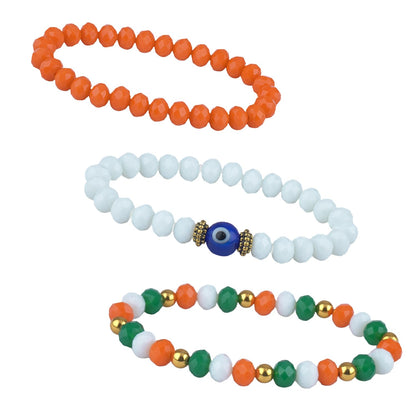 Tiranga/Tricolour/National Flag Stretchable Bracelets With Evil Eye Independence Day/Republic Day In Orange, White & Green