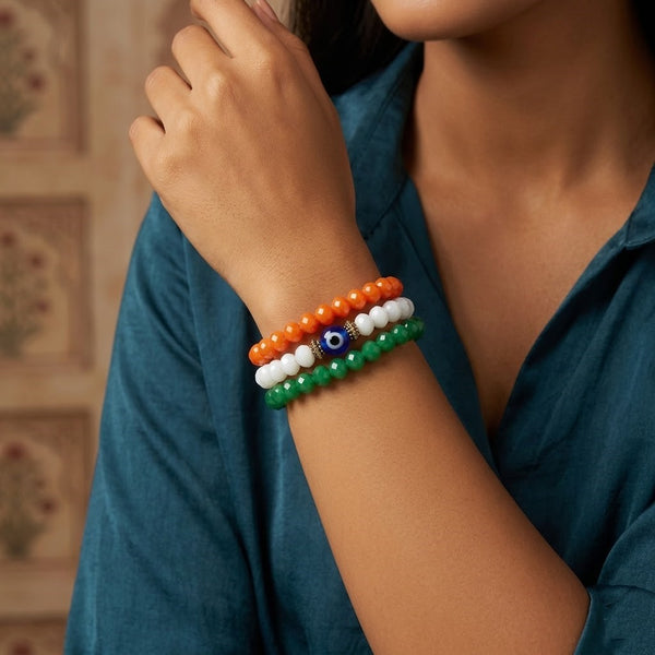 Combo Of Tiranga/Tricolour/National Flag 3 Stretchable Bracelets For Independence Day/Republic Day (Orange, White & Green)