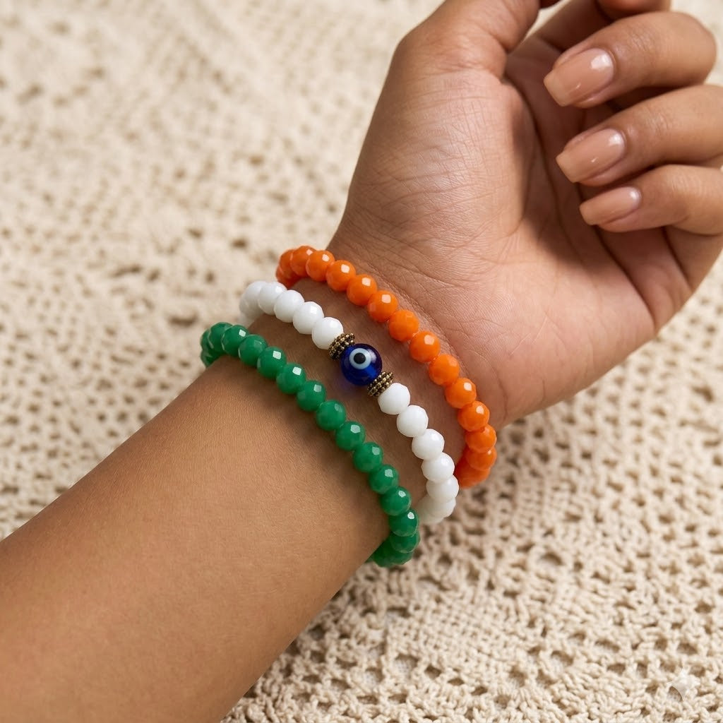 Combo Of Tiranga/Tricolour/National Flag 3 Stretchable Bracelets For Independence Day/Republic Day (Orange, White & Green)