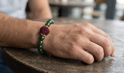 Glossy Green Onyx & Rudraksha Bracelet – Protective Spiritual Beaded Set