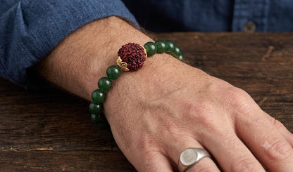 Glossy Green Onyx & Rudraksha Bracelet – Protective Spiritual Beaded Set