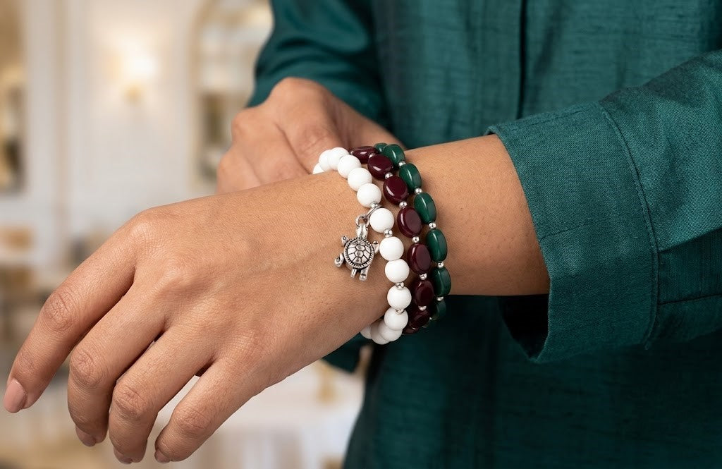 Handcrafted Turtle Rakhi Set – White Onyx & Maroon-Green Agate Combo