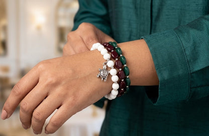 Handcrafted Turtle Rakhi Set – White Onyx & Maroon-Green Agate Combo