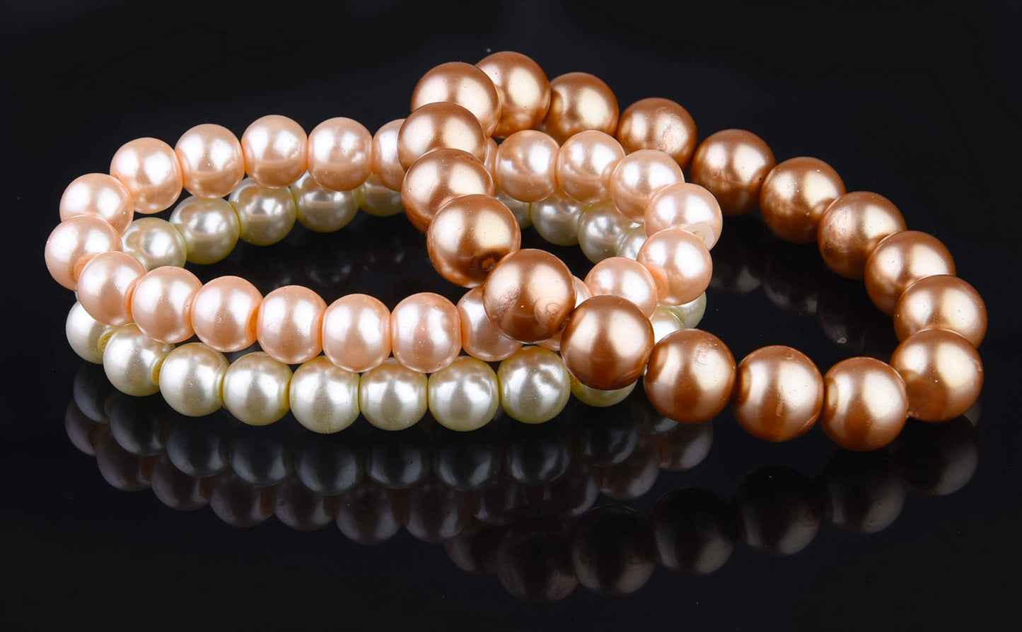 8mm Faux Pearl Stretchable Bracelet Set – 3-Piece Metallic Combo