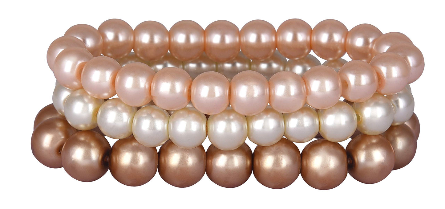 8mm Faux Pearl Stretchable Bracelet Set – 3-Piece Metallic Combo
