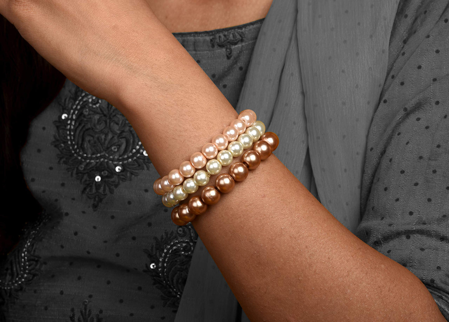 8mm Faux Pearl Stretchable Bracelet Set – 3-Piece Metallic Combo