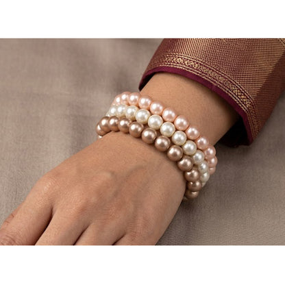 8mm Faux Pearl Stretchable Bracelet Set – 3-Piece Metallic Combo