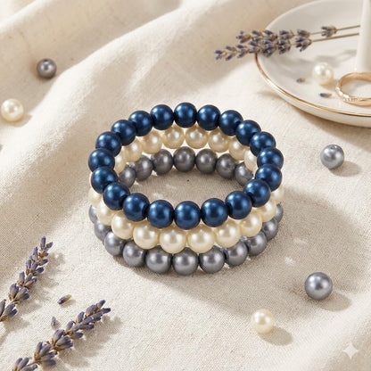 Premium Pearl Bracelet Set – Light Grey, Metallic Blue & Off-White
