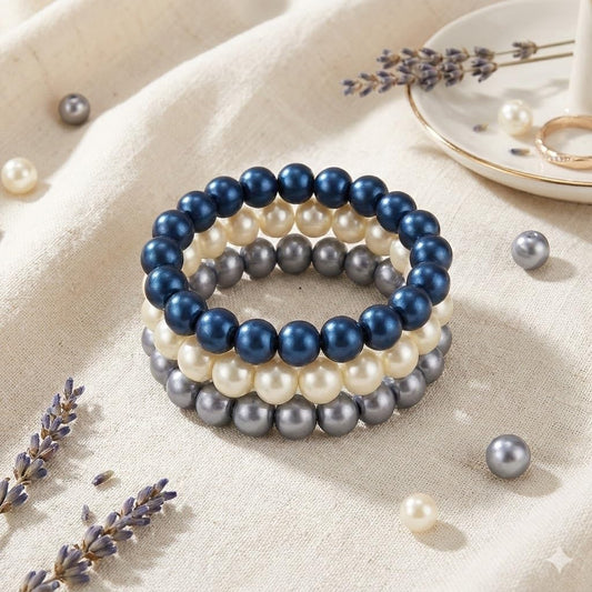 Premium Pearl Bracelet Set – Light Grey, Metallic Blue & Off-White