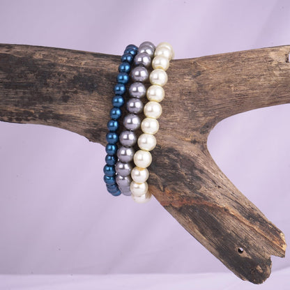 Premium Pearl Bracelet Set – Light Grey, Metallic Blue & Off-White